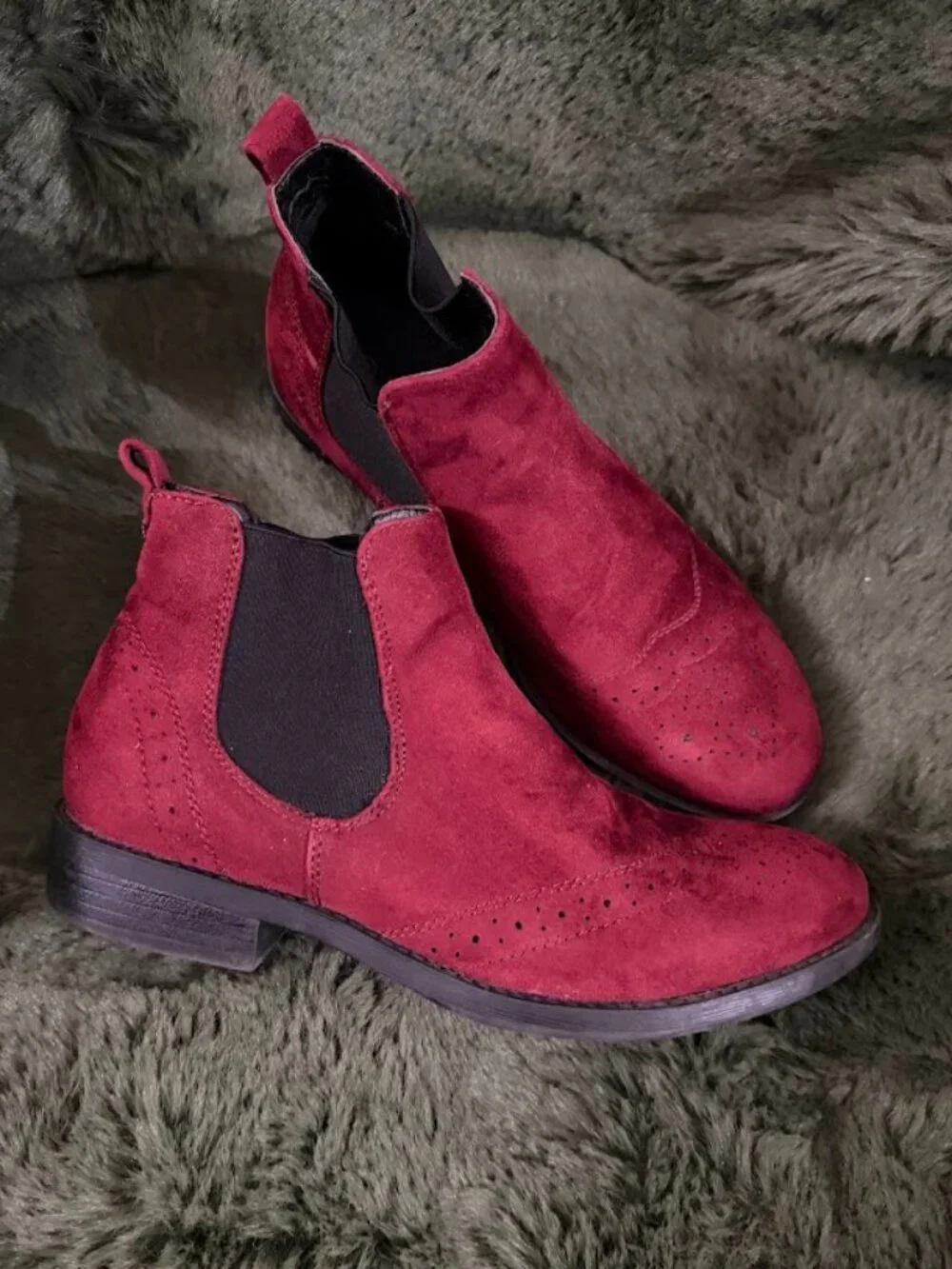 Jenny Fairy Burgundy Suede Look Chelsea Boots Brogue Wingtip EU 38
